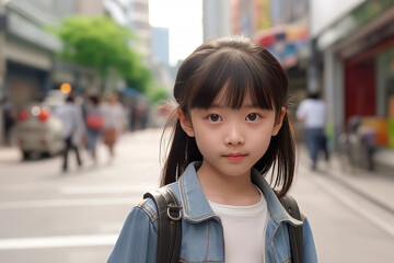 Wall Mural - girl Chinese Beautiful in her teens or younger talking head shoulders shot bokeh out of focus background on a cosmopolitan western street vox pop website review or questionnaire candid photo