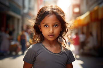 Wall Mural - girl Indian Beautiful in her teens or younger talking head shoulders shot bokeh out of focus background on a cosmopolitan western street vox pop website review or questionnaire candid photo