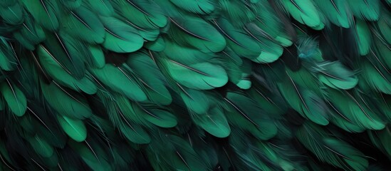 Wall Mural - A detailed closeup of vibrant green feathers set against a dark black background, resembling the intricate patterns found in marine biology