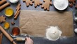 Layout of ingredients for making gingerbread man. New Year's pastries on the kitchen table