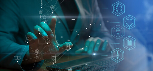 Cg tech collage. Against the background of a silhouette of an employee with a laptop, icons with symbols of human health protection