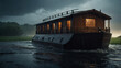 A depiction of Noah's Ark enduring the heavy rain amidst the biblical flood.