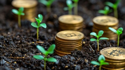 Bitcoin cryptocurrency growth concept with coins and plants