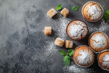 Wall Mural - Delicious muffins and sugar on grey table, flat lay. Space for text