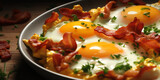 Fototapeta Dinusie - meal of boiled eggs, bacon and parsley