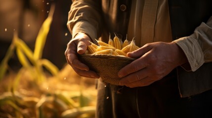 Poster - Close-up of a farmer holding a corn crop in a field. Agriculture, Organic food concepts.