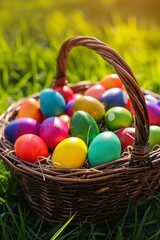 Wall Mural - Celebrating Easter: A Joyful Collection of Hand-Dyed Eggs in a Rustic Wicker Basket on a Bed of Green Grass