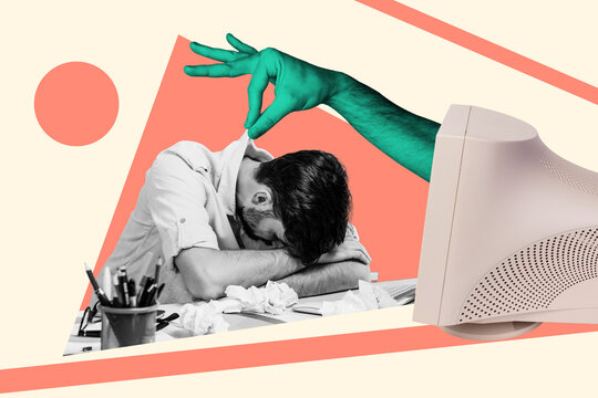 Creative poster collage of tired man employee boss hand wake up pull workplace deadline weird freak bizarre unusual