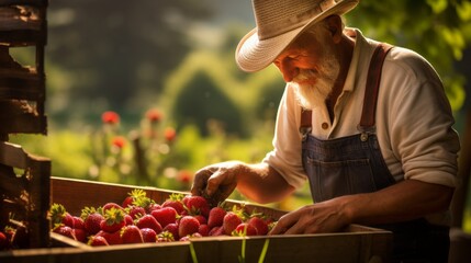Wall Mural - Senior Man, Farmer Working in the Garden, Picking Strawberries in a Fruit Farm, Berry Plantation at Sunset. Harvest, Agriculture, Organic Products, Gardening concepts.