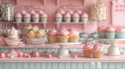 An adorable, pastel pink bakery interior filled with sweet cupcakes, meringues, and tasteful decorations