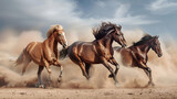 Fototapeta Do przedpokoju - Majestic Horses with Long Mane: Stunning Portrait of Equine Beauty Running and Galloping in Desert Landscape, Graceful Stallions in Motion, Wild Horse Photography, Generative Ai

