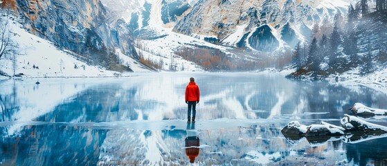 Wall Mural - Impressive Winter Lake Landscape: Tranquil Reflections of Snowy Mountains with Backpacker Traveller