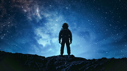 silhouette of an astronaut standing on the edge against starry sky with milky way and galaxies, blue