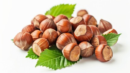 Wall Mural - Fresh hazelnuts with leaves on a clean background for natural food sources. Vibrant display of agricultural bounty with ripe hazelnuts. Healthy whole hazelnuts with greenery