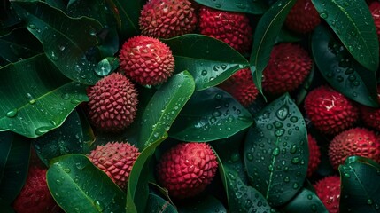 Wall Mural - Fresh lychee fruits with water droplets among dark green leaves for a tropical feel. Red lychee texture and natural freshness captured in detail. Juicy lychee harvest close-up for healthy snacks.