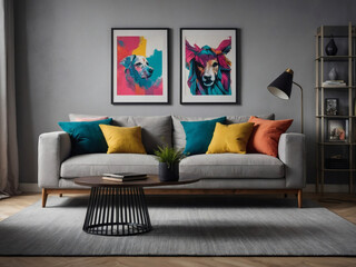 Wall Mural - A light grey sofa with vibrant pillows against a wall showcasing art poster frames, bringing together pop art influences and Scandinavian home interior design in the modern living room.