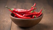 Red Hot Pepper In Bowl. On Wooden Background