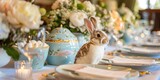 Fototapeta Natura - Iris filled Easter brunch chocolate bunnies with floppy ears on every table a live sermon guests in new dresses