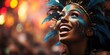 beautiful brazilian girl at the carnival in Rio de Janeiro, with a wreath with blue feathers, poster, banner