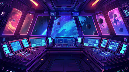 Canvas Print - interior of a spaceship deck, an alien plant showing at the window, sci-fi illustration