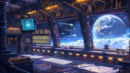 Canvas Print - interior of a spaceship deck, an alien plant showing at the window, sci-fi illustration