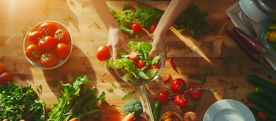 Wall Mural - women cooking with fresh vegetables. healthy vegetarian concept background. 