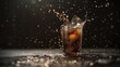 Energetic scene of cola being poured into a glass with bubbles and splash creating a dynamic effect on a dark background
