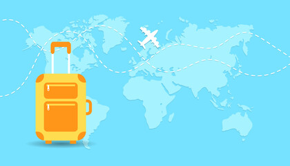 Wall Mural - Yellow suitcase on blue background with map, track of travel path and flying airplane icon. Tourism and vacation concept, business trip. Flat vector illustration