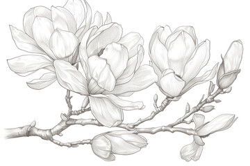 Wall Mural - Magnolia flowers drawing with line-art on white backgrounds.