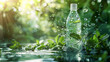 Water splashing dynamically around a bottle among mint leaves, conveying refreshment and natural purity