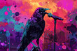 Stylized illustration festival crow at live concert partying and having fun in color panorama.
