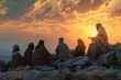 Jesus and his disciples engaged in a deep, spiritual conversation on a rocky path, with a dramatic sunset illuminating the sacred moment
