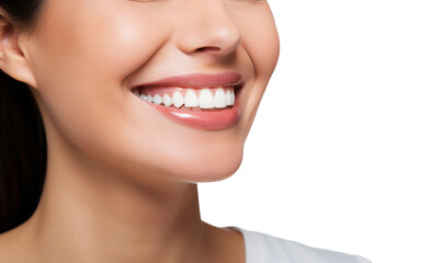 Wall Mural - Close up of healthy teeth smile of a woman. Teeth whitening. Dental care, isolated on transparent background