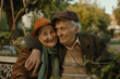© Artinun - Cheerful elderly couple hugging each other while sitting on a garden bench, expressing joy and love in their golden years