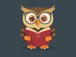 Whimsical Owl Wearing Glasses Reading Book Illustration, Curious Studious Bird with Expressive Eyes and Intricate Feather Patterns, Flat Simplified Style