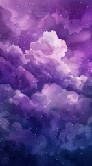 Wall Mural - cosmic-themed watercolor background with abstract starry night sky and clouds in shades of purple, i