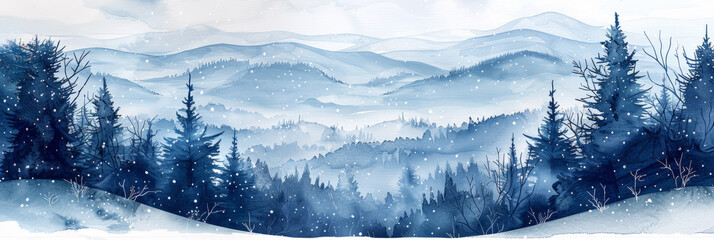 Sticker - Winter landscape with layered mountain ranges and snow-covered trees in shades of blue, ideal for holiday backgrounds with space for text