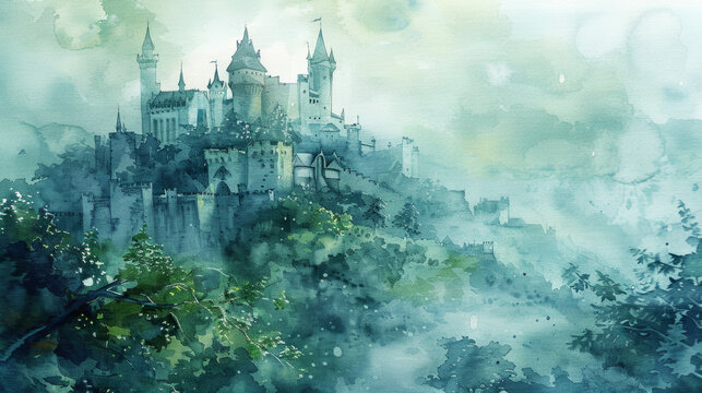 enchanting watercolor illustration of a fairytale castle amidst an ethereal misty landscape, with am