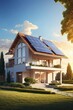 House with Solar Panels and Backlit Sunlight on the Roof during Golden Hour. Eco-Friendly Energy.