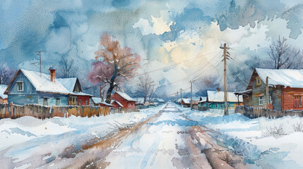 Sticker - Watercolor painting of a snowy village street with colorful wooden houses, bare trees, and overcast skies, suitable for winter-themed backgrounds and holiday designs with space for text