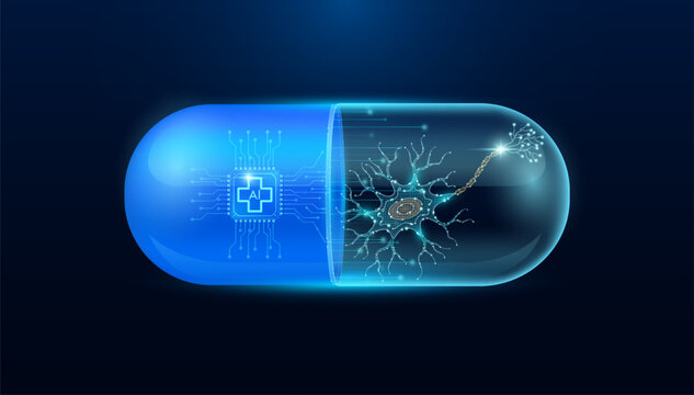 Microchip nerve cell interface in capsule blue luminous. Smart digital pills in health care alternative. Medicine futuristic. Pharmaceutical and scientific medical technology concept. Vector.