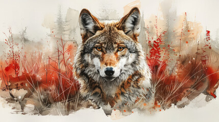 artistic watercolor painting of a wolf with a vibrant abstract forest background, suitable for wildl