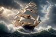 Large White Sailing Ship against Stormy Waves, Symbol of Indomitability.