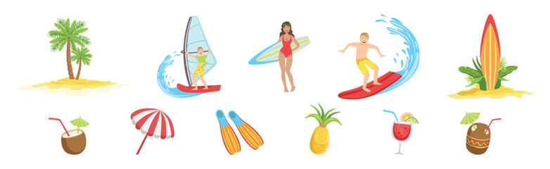 Sticker - Man and Woman Surfer Character with Surfboard Vector Set