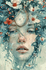 Poster - Artistic watercolor depiction of a serene female face merged with floral elements in a cool color palette, ideal for creative backgrounds or concepts related to nature and femininity