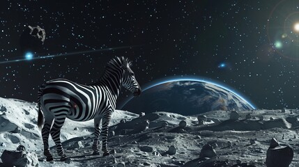 Wall Mural - a zebra standing on the moon during a landing, with a pulsar flashing in the distance and a whale-sh