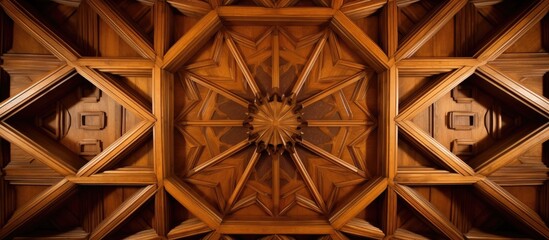 Poster - A closeup of a brown wooden ceiling with a symmetrical pattern of tints and shades, resembling artwork. The pattern consists of circles and rims, with a touch of metal detailing