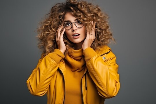 Surprised young woman in glasses and yellow jacket standing on gray background