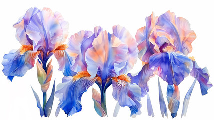 Watercolor painting of beautiful irises, botany art concept, white background 