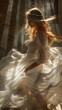 blyrred fashion photography of beautiful woman in dress, soft ligh, photo made in motion with grainy gradient,ai